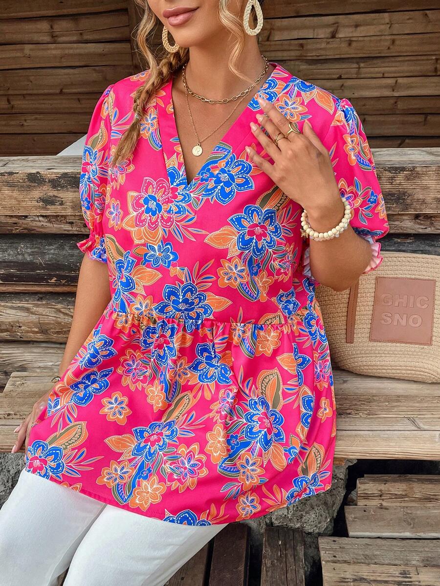 SHEIN LUNE Plus Size Rose Floral Mother's Day Print Puff Sleeve V Neck Blouse - Hot Pink - View 1