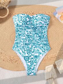 Swim Vcay Springbreak Women Random Print Ruched Tube Top Summer Beach Holiday One Piece Swimsuit - Blue - View 5