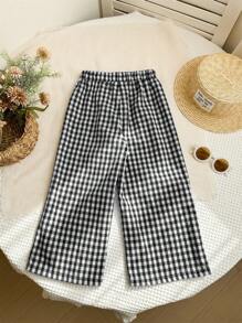 SHEIN LMoss Kids LMoss 少女梭织格纹宽松休闲裤 - 黑色 - 查看 2