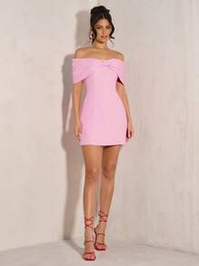 SHEIN BAE Vestido de cóctel de hombros abiertos y lazo elegante para mujer, adecuado para fiesta, cita, salida nocturna en otoño e invierno, vestidos de graduación - Rosa - Ver 3