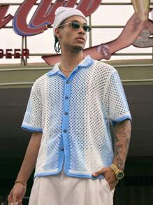 AXEPEAK Color Block Square Neck Short Sleeve Knit Cardigan Top For Men - Baby Blue - View 4