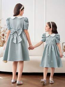 青少年女孩办公室优雅翻领短袖连衣裙 - 薄荷綠 - 查看 13