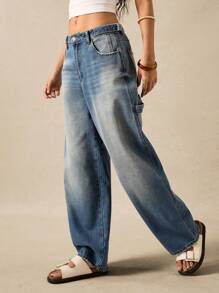 Easelle Jeans anchos de pierna ancha con bolsillos holgados para mujer, para uso diario casual - Azul - Ver 4