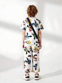 SHEIN 2 pezzi Completo casual per bimbi piccoli con camicia a colletto e pantaloni con stampa colorata di cani, con borsa a tracolla, adatto per attività all'aperto, primavera/estate