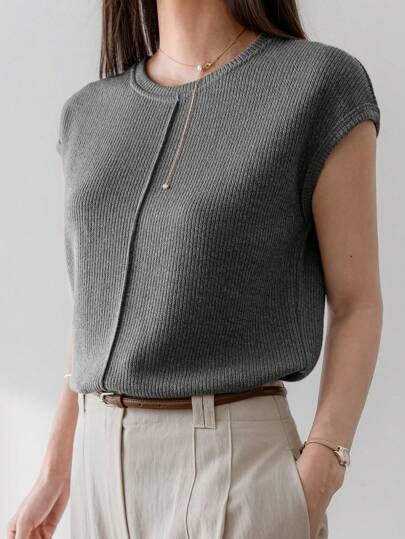 Dazy-Less Camiseta informal de manga corta con parches de unicolor para mujeres, estilo casual de negocios de verano