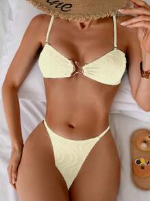 SHEIN Swim Atasan Bikini Halter Seksi Rajut Jacquard dengan Detail Logam untuk Liburan Pantai Musim Panas - Kuning - View 4