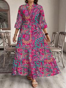 SHEIN LUNE 大码女式优雅休闲简约热带佩斯利图案连衣裙，适合春夏季度假、母亲节、飘逸连衣裙 - 彩色 - 查看 1