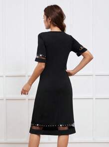 Miaspire Women's Elegant Rhinestone Embellished Round Neck Short Sleeve Mid-Length Dress, Suitable For Spring & Summer - Black - View 6