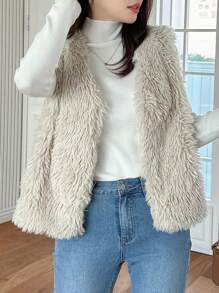DAZY Women's Casual Everyday Warm Fuzzy Front Open Waistcoat Jacket, Autumn Winter,Fleece Lined Vest