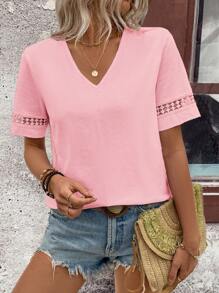 EMERY ROSE Women's Solid Color V-Neck Short Sleeve Lace Patchwork Summer T-Shirt