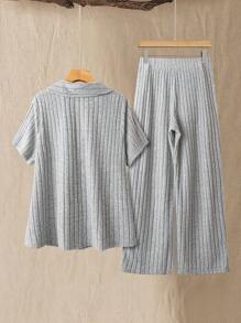 EMERY ROSE 2 pezzi Completo donna taglia comoda composto da camicia a maniche corte e pantaloni in colore unito