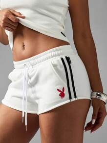 Missguided x Playboy Athletic Lounge Jogger Shorts Two Stripe Side Panel Mid Rise Drawstring Waistband Everyday Summer Active Wear Car Racing - White - View 1