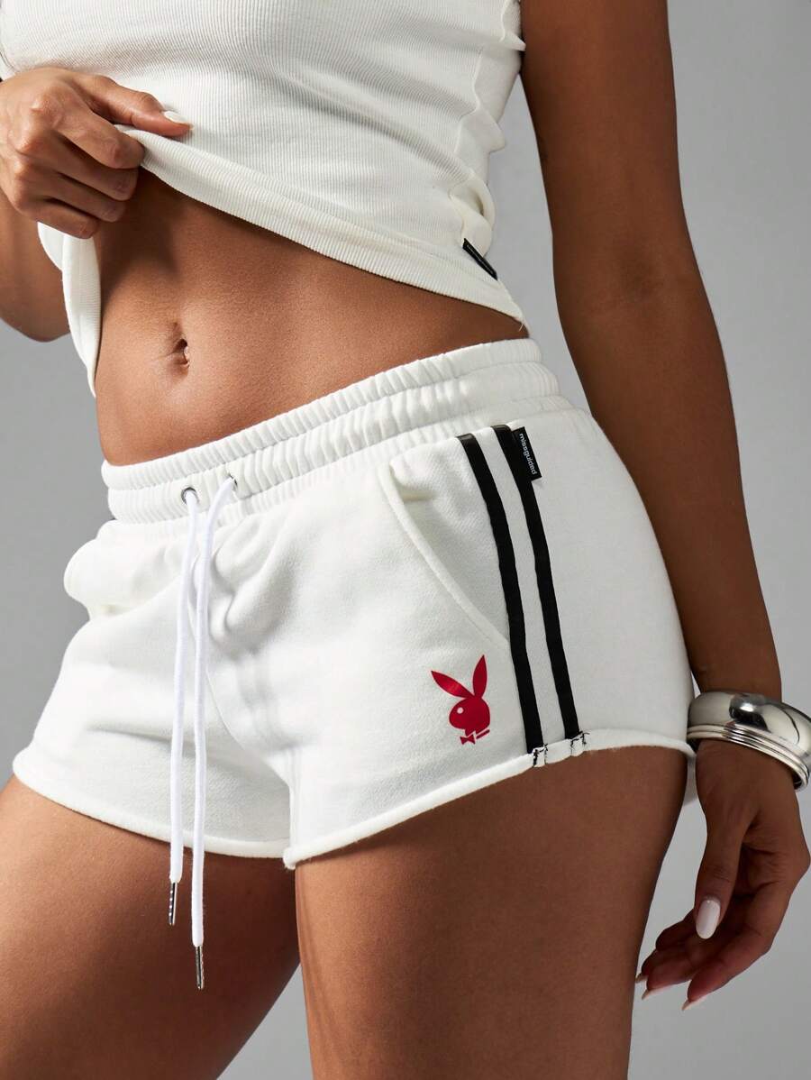 Missguided x Playboy Athletic Lounge Jogger Shorts Two Stripe Side Panel Mid Rise Drawstring Waistband Everyday Summer Active Wear Car Racing - White - View 1