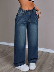 SHEIN PETITE Women's Loose Fashion Suitable For Summer Denim Jeans - Dark Wash - View 4