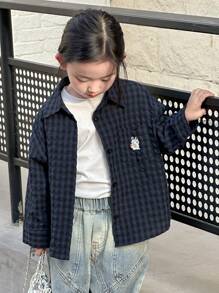 Dazy Kids 年轻女孩格子印花卡通刺绣休闲长袖衬衫，秋装 - 藍色 - 查看 6
