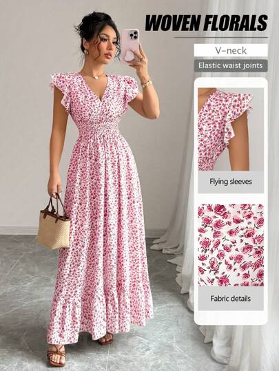 Selianne New V-Neck Woven Ditsy Floral Mini Cap Sleeve Ruffled Hem Cinched Waist Vacation Dress For Women