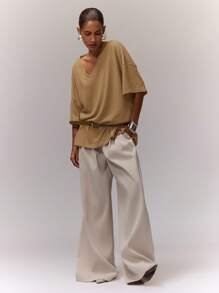 MUSERA V Neck Oversized Top Airport Holiday Back To School Fall Autumn - Khaki - View 4