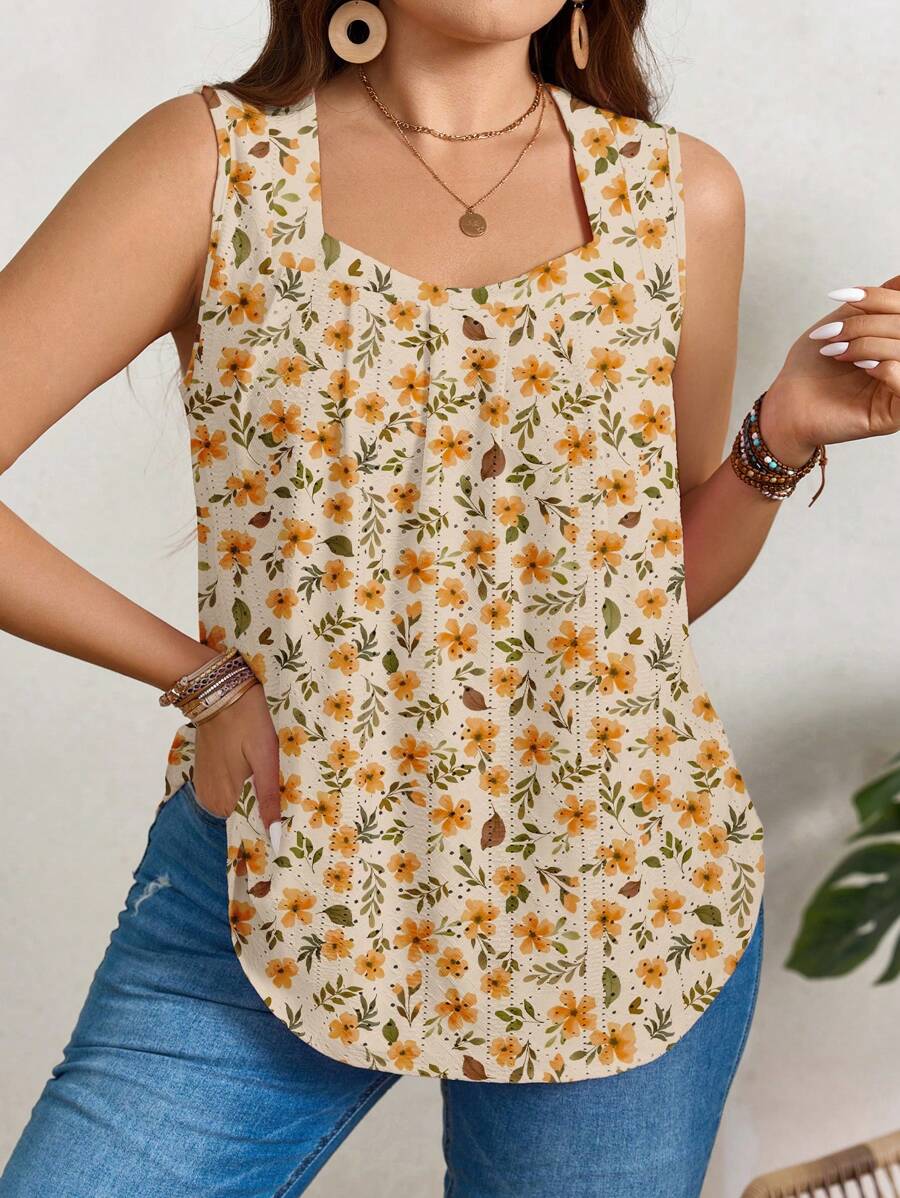 EMERY ROSE Bộ áo ba lỗ và áo hai dây in hoa cỡ lớn, thích hợp cho kỳ nghỉ hè - Màu vàng - Xem 1