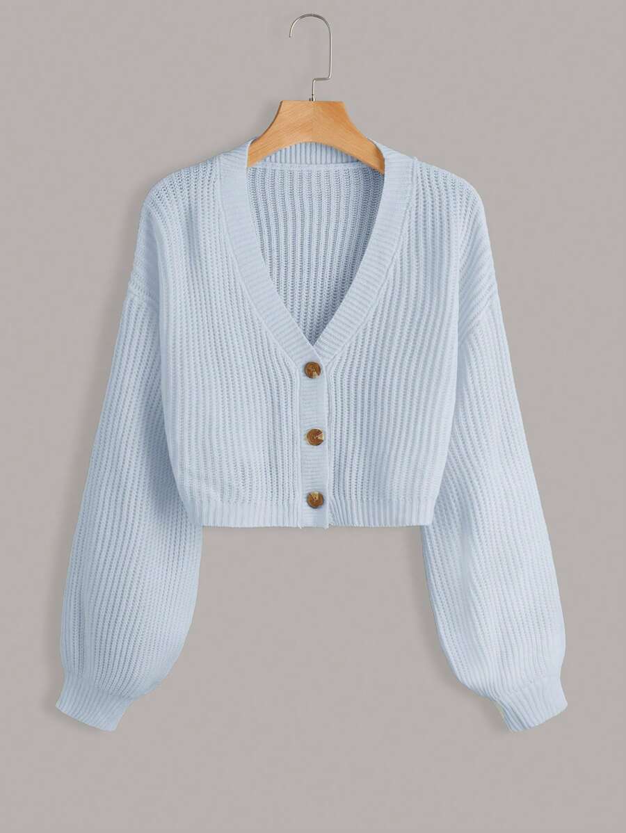 SHEIN EZwear White Lantern Sleeve Button Front Rib Knit Cardigan,Knitted Sweater In Fall/Winter - Blue - View 1