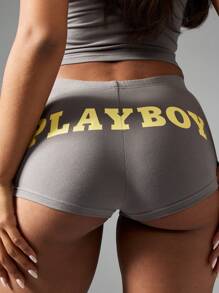 Missguided x Playboy High Waist Booty Shorts Summer Mid Thigh Biker - Grey - View 9