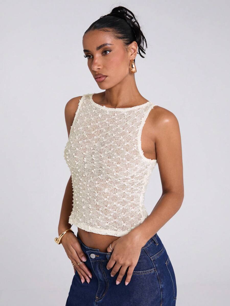 SHEIN BAE Áo tank top nữ mùa xuân hè, kiểu dáng thường ngày, chất liệu xuyên thấu, chất liệu móc len, phong cách moto boho, tay lưới, thích hợp cho các hoạt động ngoài trời, lễ hội âm nhạc, trang phục phương Tây. - trắng - Xem 1