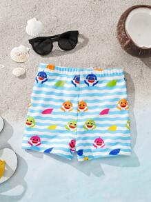 BABY SHARK X SHEIN Baby Boy Striped & Cartoon Print Swim Trunks