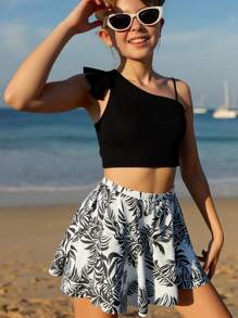 青少年女孩三件套泳衣套装 - 随机印花，专为 8-12 岁女孩设计，霓虹蓝纯色比基尼 + 热带印花罩衫，分体式设计兼顾时尚与功能性