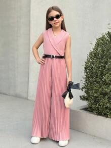SHEIN Nova Glow Tween Girls Solid Lapel Collar Sleeveless Jumpsuits With Pleated Design, Urban Elegant Style - Baby Pink - View 5