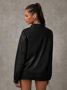 SHEIN BAE 女士纯色落肩长袖 PU 皮革休闲宽松夹克，春秋季女士夹克冬季女士外套红色酒红色皮夹克秋季夹克返校节皮革女士夹克适合旅行和返校 - 黑色 - 查看 4