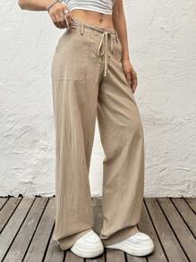 SHEIN EZwear Women's Casual Solid Color Drawstring Waist Straight Leg Pants - Camel - View 3