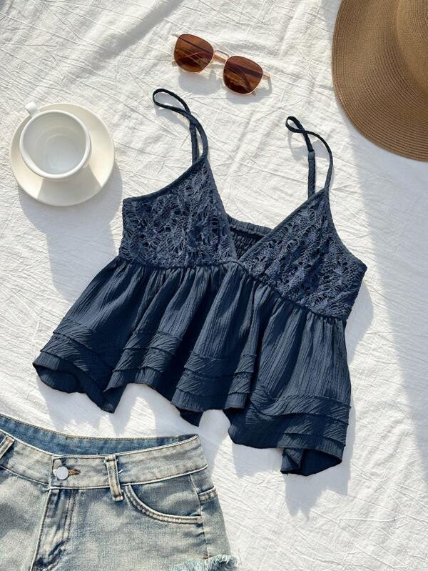 Comfortcana Camiseta sin mangas de verano de mujer con parches de encaje y unicolor, apropiada para el verano