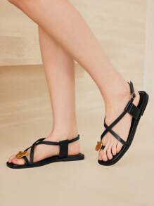 MOTF PREMIUM LADIES BLACK CASUAL FASHION COMMUTER & VACATION STYLE MINIMALIST CASUAL OPEN TOE CROSSING FLAT SANDALS SUMMER SHOES - Black - View 2