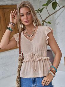 LanaWest Casual V-Neck Cap Sleeve Ruffle Hem T-Shirt For Women - Apricot - View 4