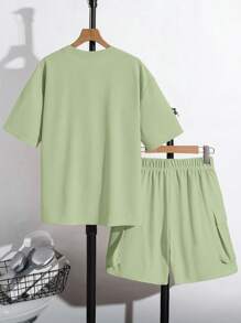 SHEIN Leap Crew Teen Boy's Short Sleeve Cargo Pocket Shorts Set - Mint Green - View 2