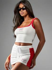 Missguided x Playboy Christmas Ribbed Racing Sport Co-Ord Set Summer Festival Tank Top High Waist Mini Skirt Two Piece Athletic Workout Outfit Car Racing - Red and White - View 1