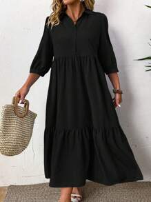 SHEIN Tall CURVE 大码女式纯色中长袖荷叶边前扣休闲中长连衣裙