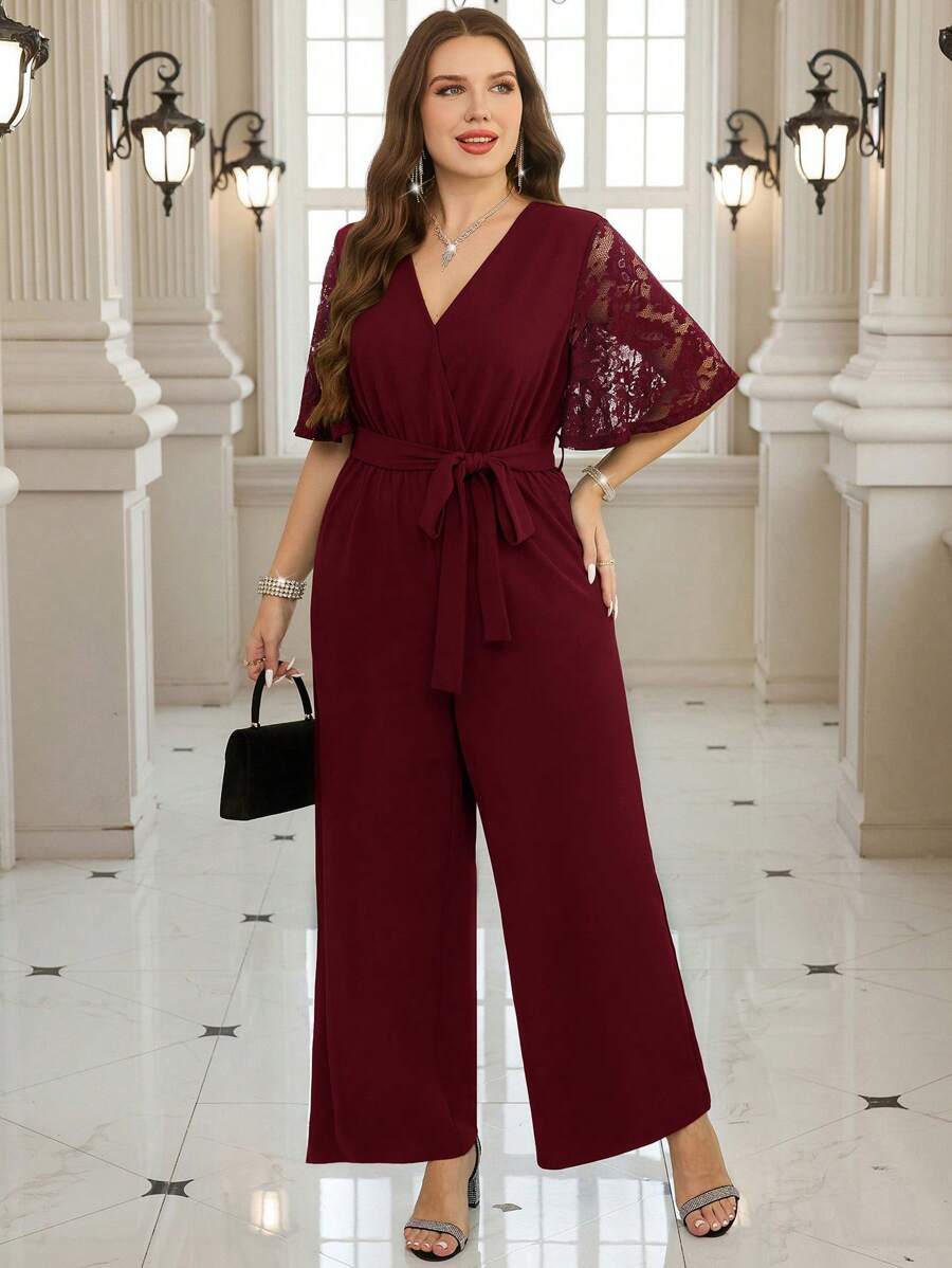 Reflora Plus Size Elegant Contrast Lace Loose Jumpsuit For Summer - Burgundy - View 1