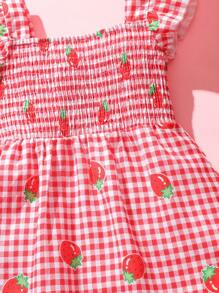 SHEIN Young Girl' Cute Strawberry Pattern Cap Sleeve Ruffle Hem Dress, Summer Casual For Vacation & Outdoor Activitie - Red - View 5
