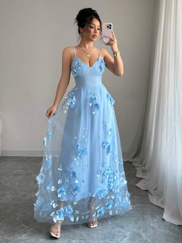 Rafferiza Vestido largo de malla con flores románticas para mujer, adecuado para cumpleaños, atuendo de invitada de boda, vestido de novia - Azul - Añade 5