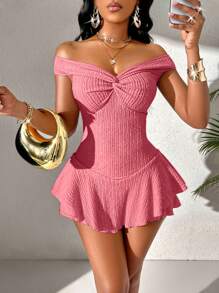 BamGleam Off Shoulder Twist Ruffle Trimmed Lady's Skinny Jumpsuit - Dusty Pink - View 3