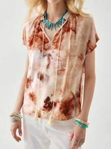 Florisole Women's Summer Tie-Dye Twist Collar Batwing Sleeve Shirt - Redwood - View 6