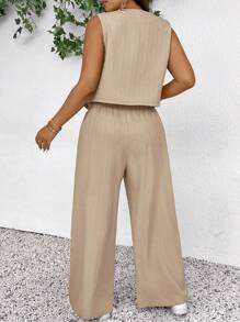 SHEIN Frenchy Conjunto de chaleco y pantalones para mujer de talla grande, de moda y casual para primavera/verano, nuevo conjunto de 2 piezas con textura en color albaricoque, atuendo casual de negocios para mujer