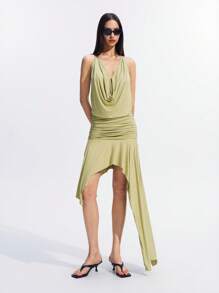 LYSMO 2025 春夏新款女式垂坠领荷叶边不对称下摆中长连衣裙，时尚淡绿色，清新休闲，户外阳光装 - 綠色 - 查看 4