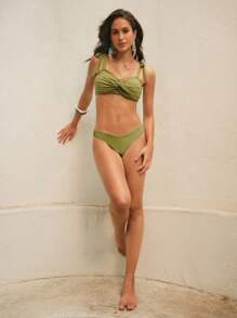 Anewsta Solid Color Twist Front Ruched Trim Elegant Bikini Top For Summer Beach Vacation