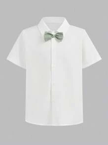 SHEIN Leap Crew 3pcs Tween Boy Casual Gentlemen Vest, Shirt, Shorts & Bowknot Outfit Set, Suitable For Commute, School, Casual Occasions, Weddings, Birthday Parties, Spring/Summer - White - View 15