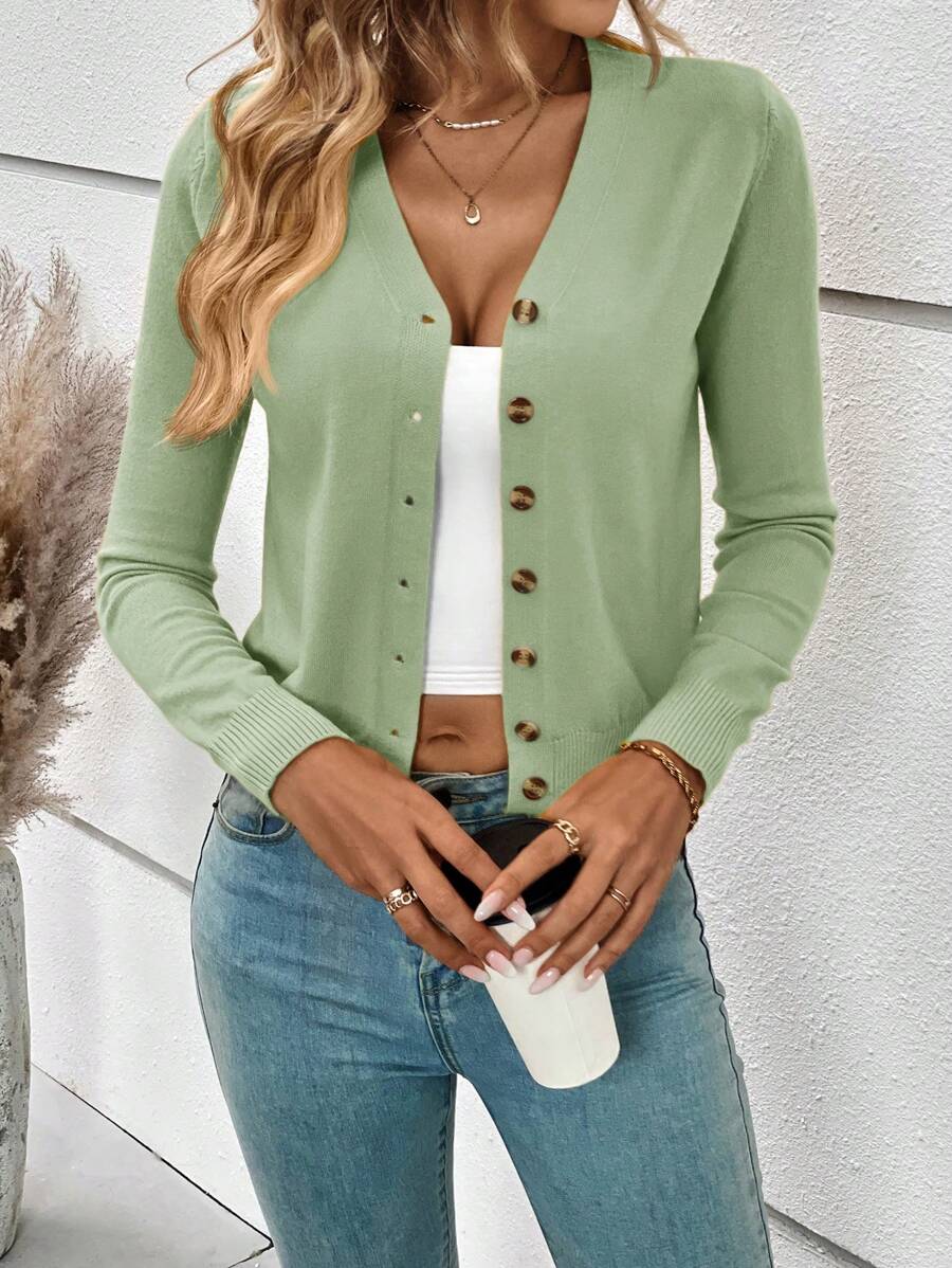 SHEIN Frenchy Women's Solid Color Long Sleeve Single Breasted Cardigan, Burgundy,Knitted Sweater In Fall/Winter Green Casual Christmas - Mint Green - View 1