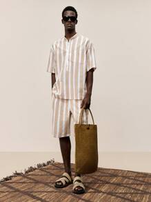 Ontre Camicia a maniche corte casual estiva da uomo per vacanze, spiaggia, uso quotidiano, festival musicali, eventi, con tasche, bottoni davanti e righe, adatta per lauree e feste - Multicolore - Visualizzare 4