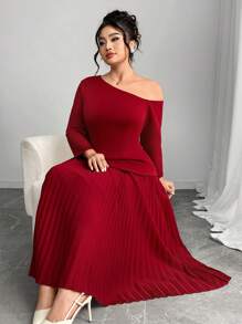 Modelyn Plus Size Solid Color Asymmetrical Neck Dress, Fashionable For Summer - Burgundy - View 7