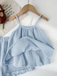 SHEIN LMoss Kids 2pcs Young Girl Summer Casual Loose Spaghetti Strap Top And Ruffled Hem Shorts Set - Blue - View 7