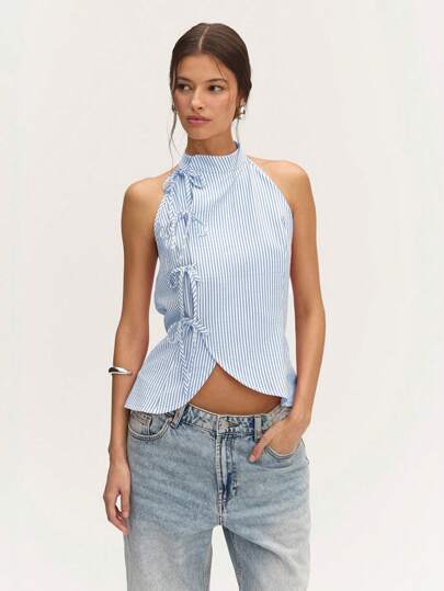 Nöista 夏季中国风领口亚麻条纹无袖蝴蝶结细节饰有亚麻条纹和蝴蝶结细节！